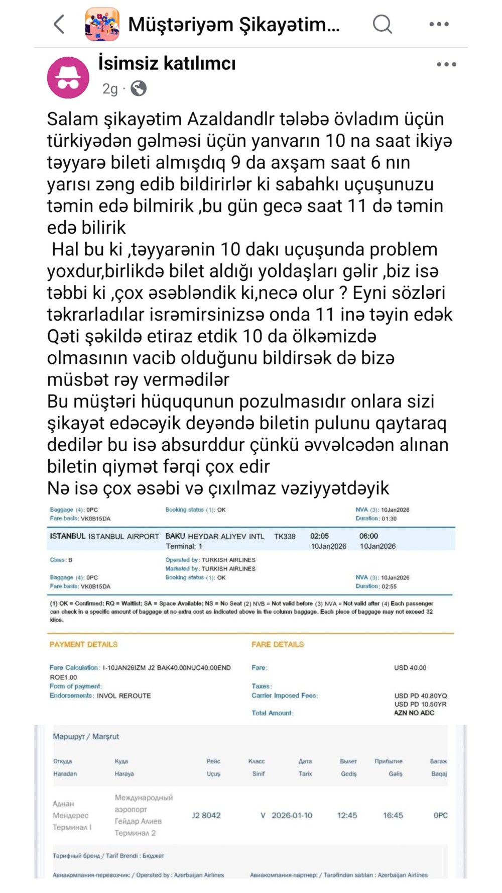 AZAL-a sərnişin etirazı: tələbə övladının uçuşu son anda ləğv edildi